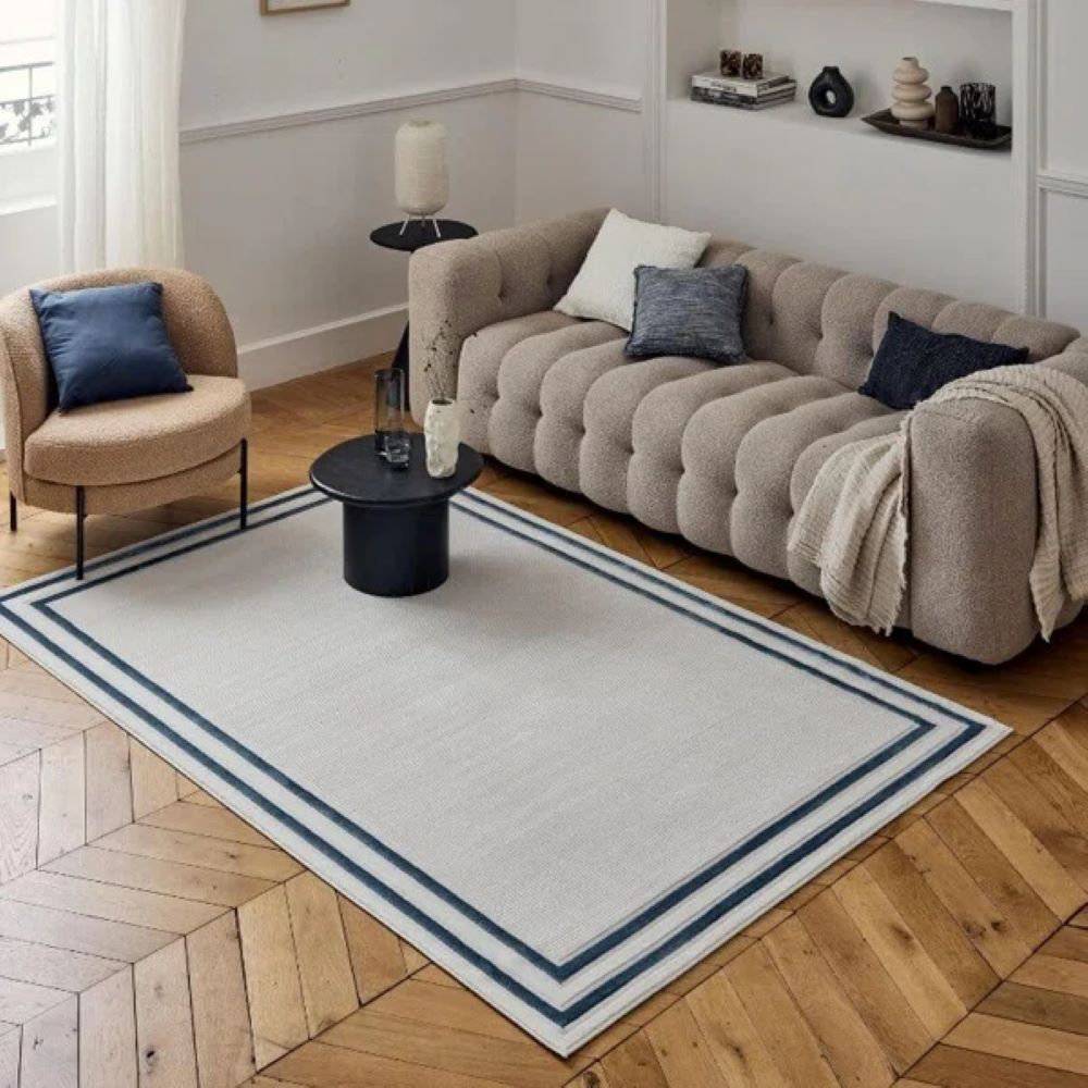 THE RUGS Modern Bordered Cream Navy Area Rug 160 x 230 cm