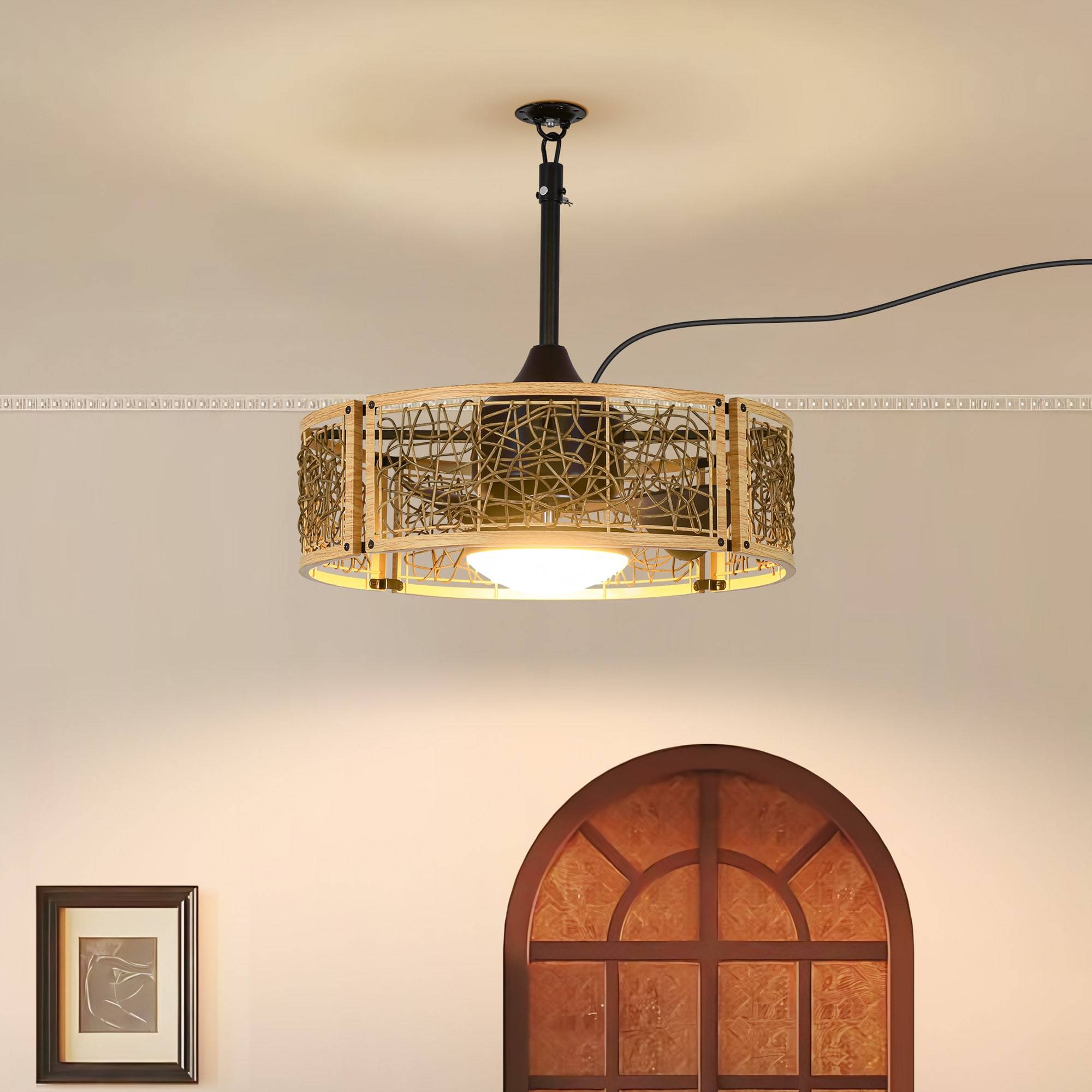 Rattan ceiling fan TALOYA 20-in Rustic Light Walnut Natural Rattan Caged Ceiling Fan