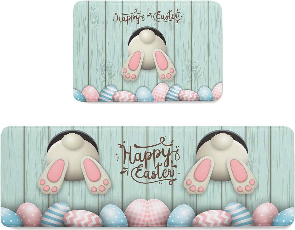Pink and green rug 2-Piece Easter Kitchen Rug Set Non-Slip Pink, Green