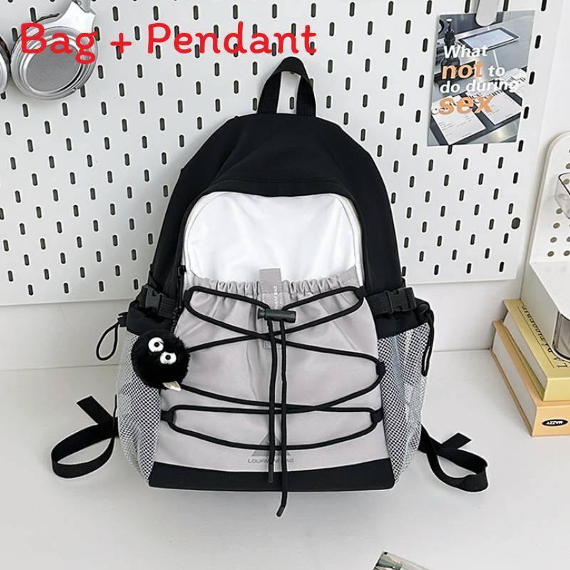 Nylon Travel Backpack With Color Matching Drawstring Design - Black
