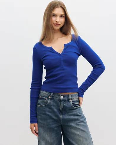 Nelly Perfect Rib Button LS Top - Blå
