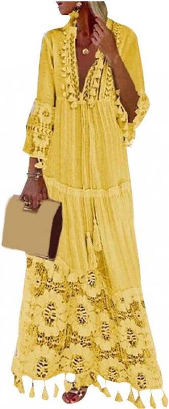 Bohemians Style V Neck Gradient Color Ruffle Beach Dress - Yellow