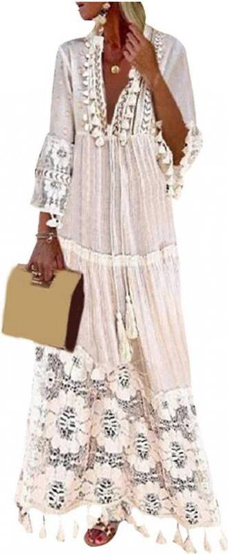Bohemians Style V Neck Gradient Color Ruffle Beach Dress - Beige