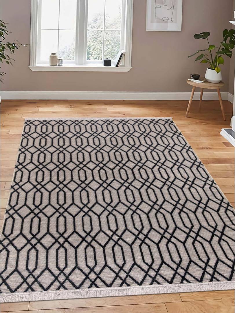 Ebern Designs Rashada Geometric Machine Area Rug Black
