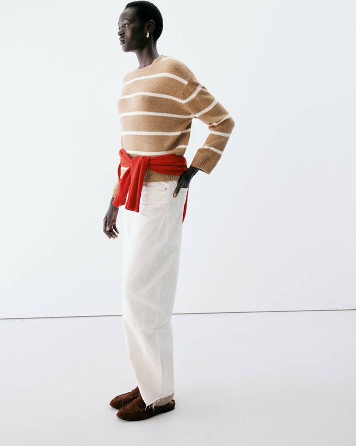 Mango Pull-Over Rayé Col Rond Marron Moyen