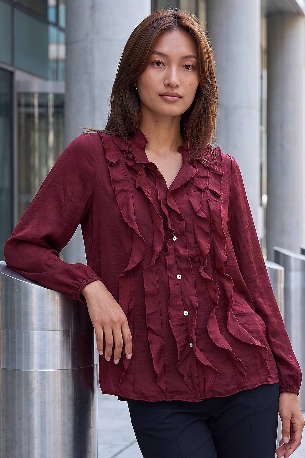 Roman Ruffle Front Satin Top