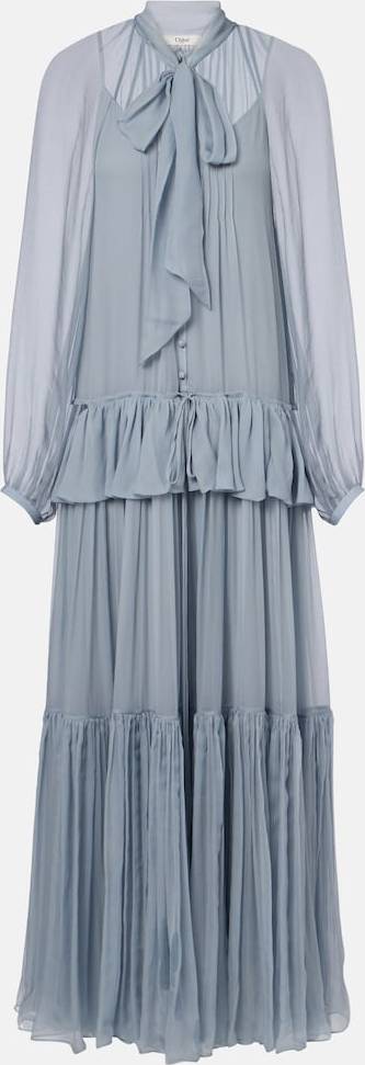 Chloé Ruffled Silk Muslin Maxi Dress - Blue