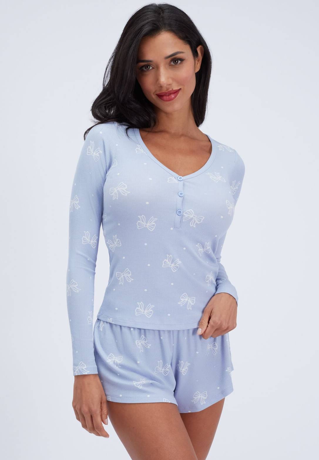 Boux Avenue Bow Ribbed Modal Short Pyjama Set - Blue Mix