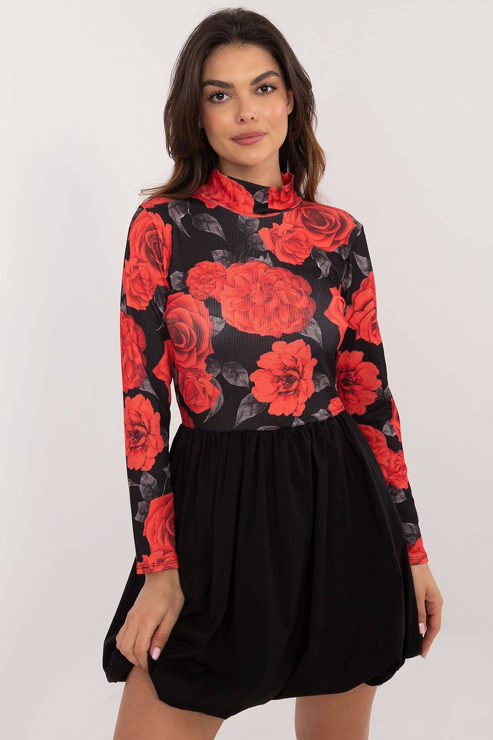 Italy Moda Romantic Ribbed Floral Mock Neck Mini Dress - Black Red Rose
