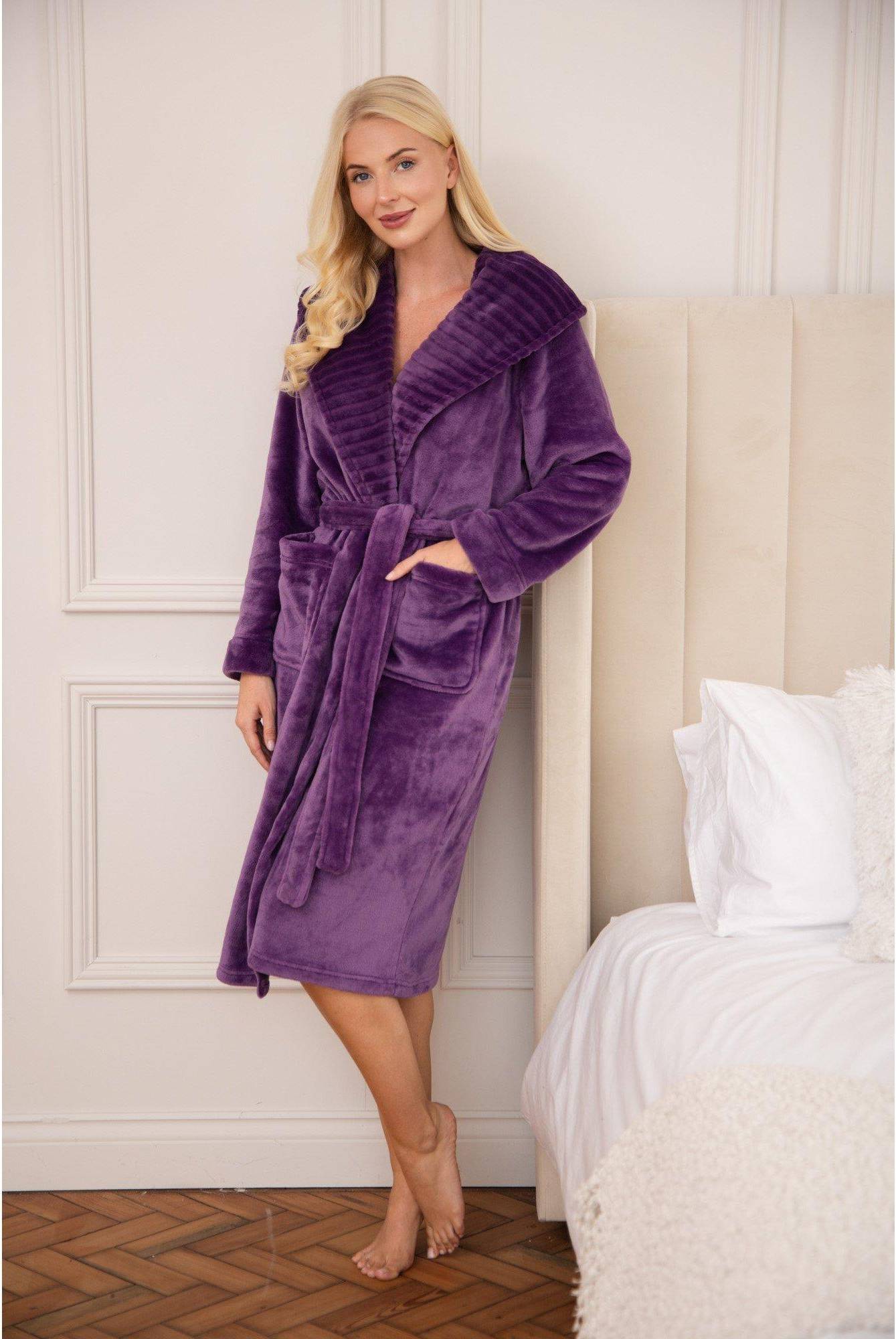 Supersoft Fleece Ribbed Collar Robe - Purple