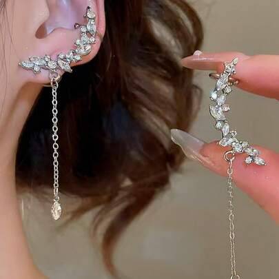 Shein Personalized Cool Style Angel Wings 2-In-1 Design Full Rhinestone Inlaid Electroplated Silver Color