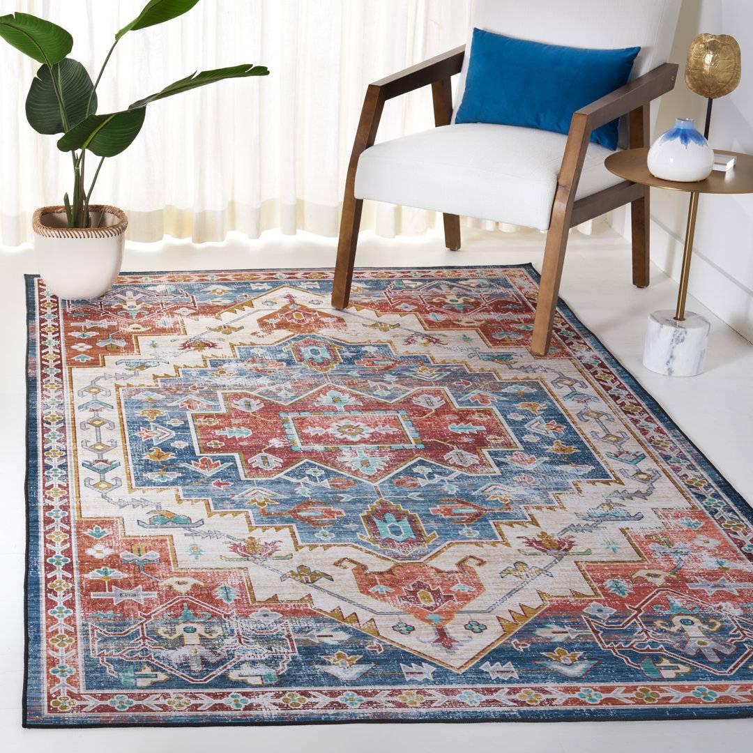 Latitude Run Vintage Look Machine Non Slip Rug Rust Blue cm