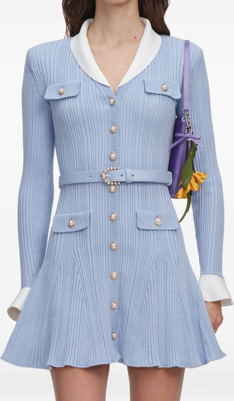 Self-Portrait Blue Ribbed Knit Mini Dress - Blue