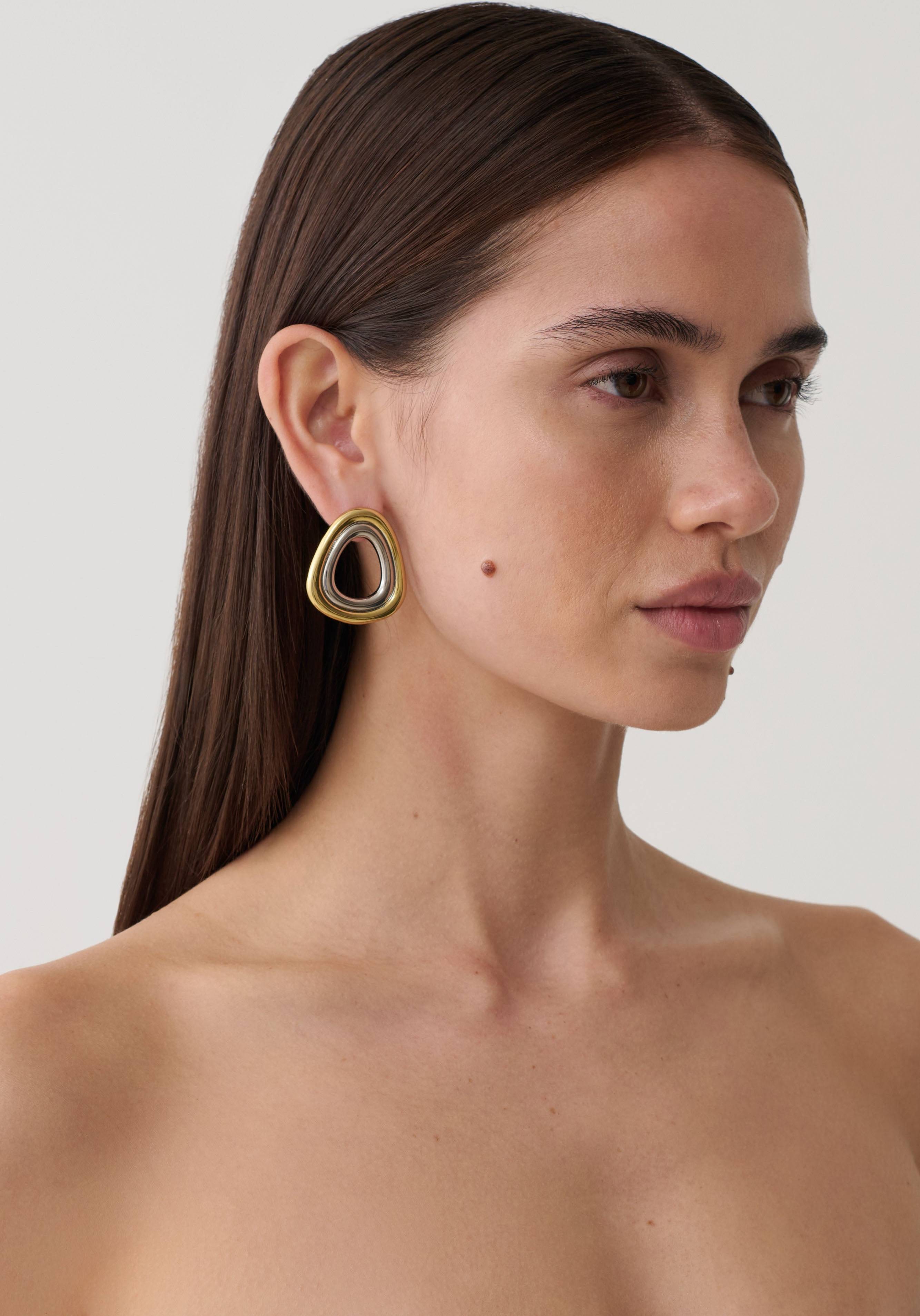 Two-Tone Rounded Triangle Stud Earrings - Silver/Gold