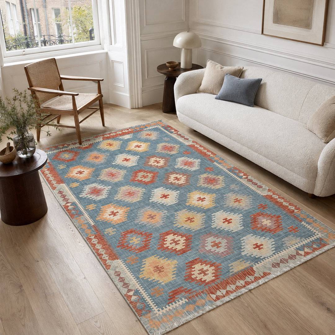 Brayden Studio Geometric Flatweave Area Rug Blue cm