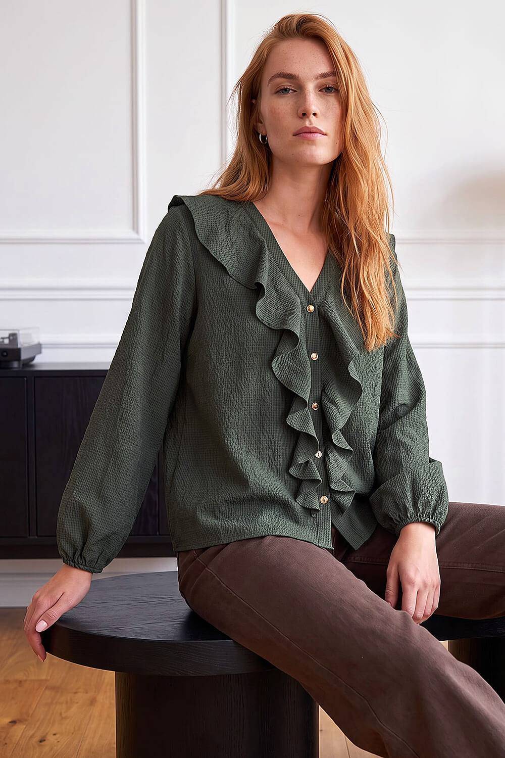 Roman Ruffle Textured Blouse Khaki