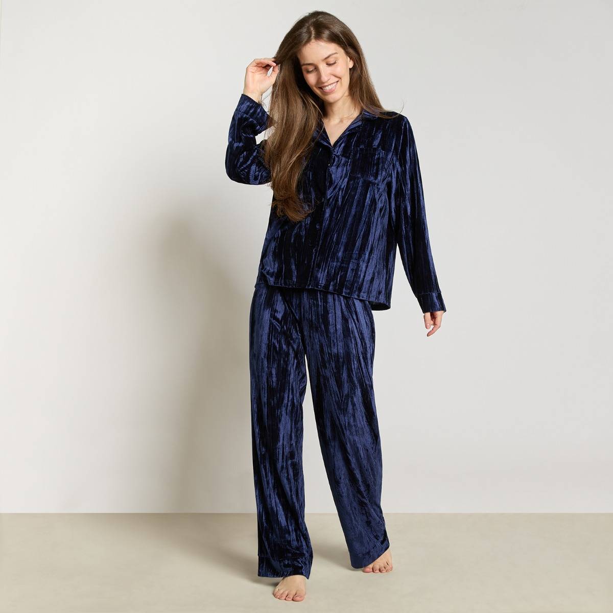 OHS Velvet Button Through Pyjama Set - Navy