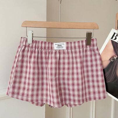 Shein Rosa Rutiga Vävda Shorts Med Vida Ben - Rosa