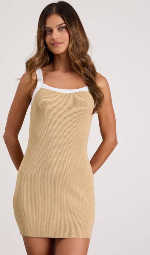 Lulus Influence Tan Ribbed Color Block Mini Sweater Dress