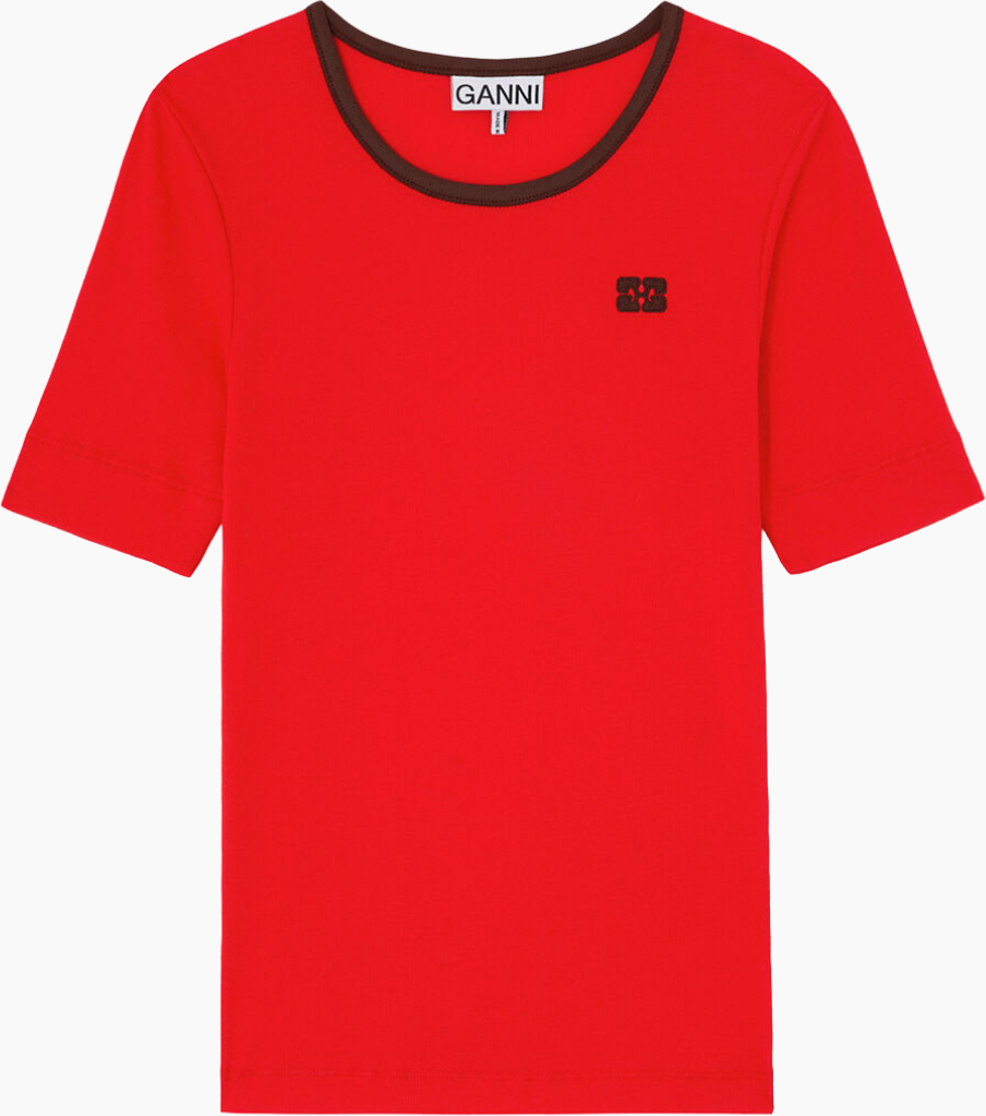 Ganni Soft Cotton Rib Tee High Risk Red