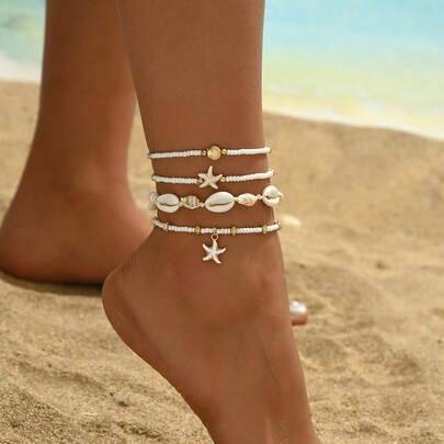 Shein Summer Ocean Style Handmade Woven Rope Anklet With Seashell Starfish Metal Shell Bead Decor