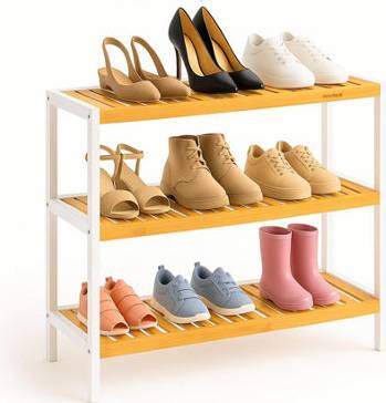 B&Q 3 Tier Shoe Rack Natural Bamboo Shelves Shoe Rack
