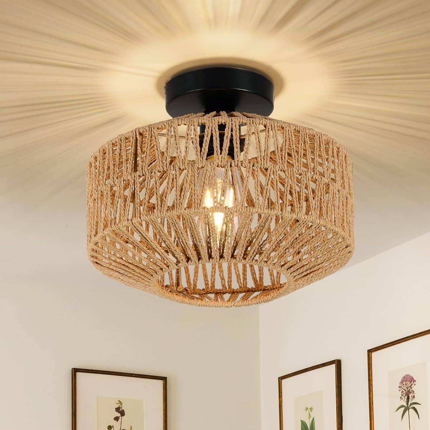 Boho Rattan Ceiling Light Fixture Flush Mount Chandelier