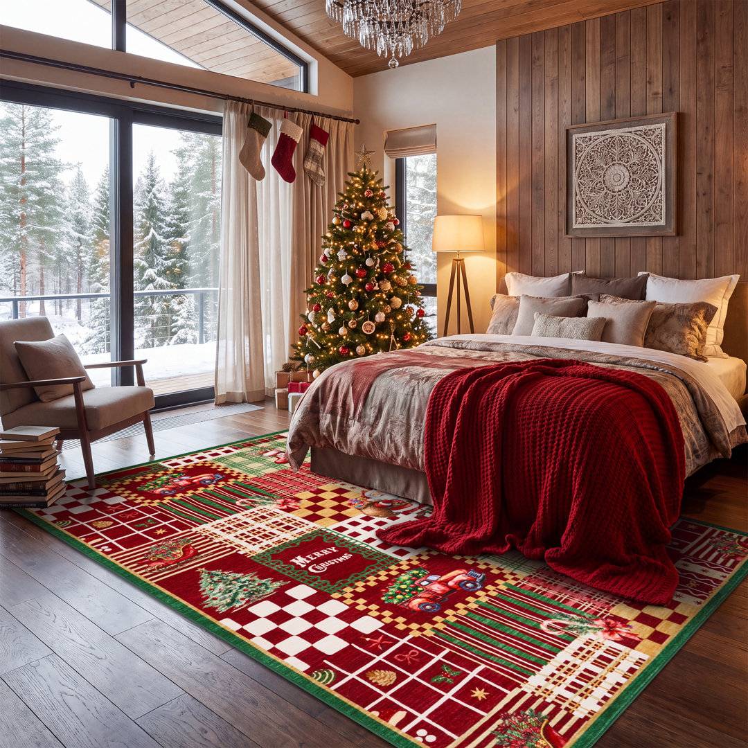 Brambly Cottage Rectangle Patchwork Washable Area Rug Red