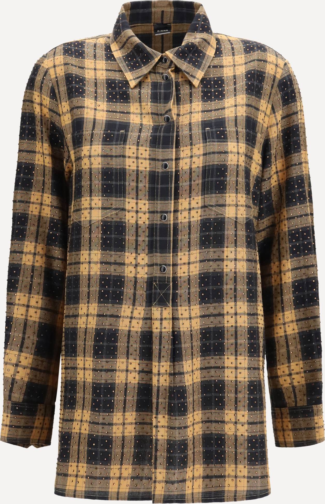 Pinko Barbellino Check Pattern Shirt All-Over Micro Rhinestones