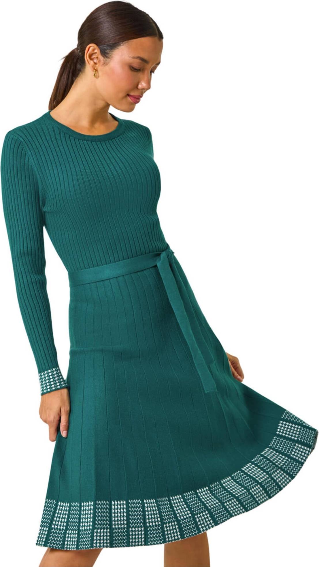 Roman Ribbed Stretch Knit Border Print Dress - Blue