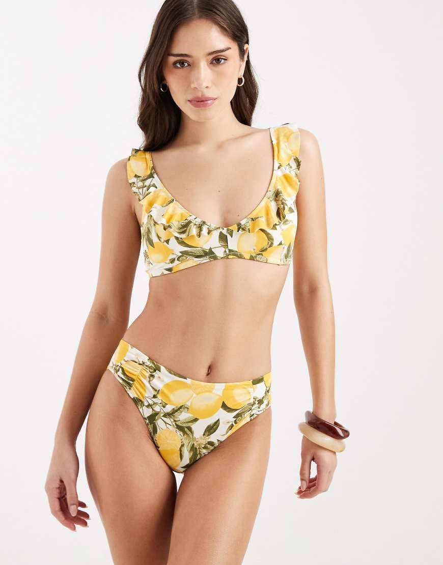Lindex Lemon Print Ruched Side Bikini Bottom - White Multi