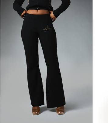 Ribbed Knit High Rise Flared Pants With Gold Zipper Pockets Logo Embroidery Fall Winter Style