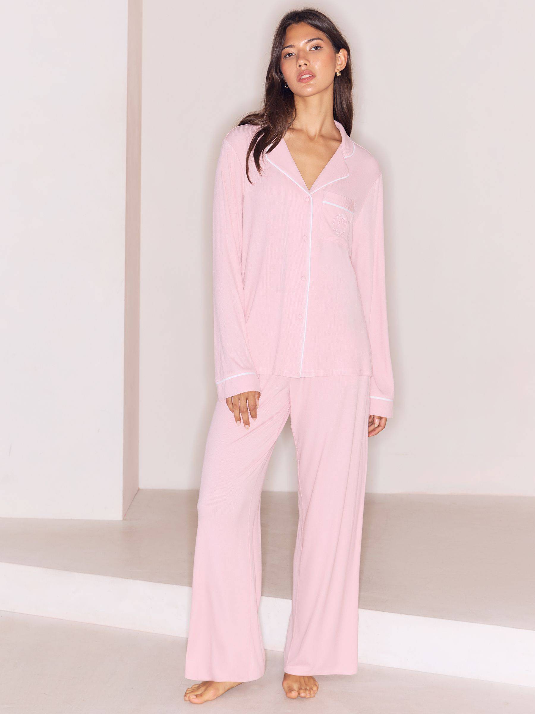Lipsy Pink Collared Soft Touch Rib Button Trouser Pyjamas Set