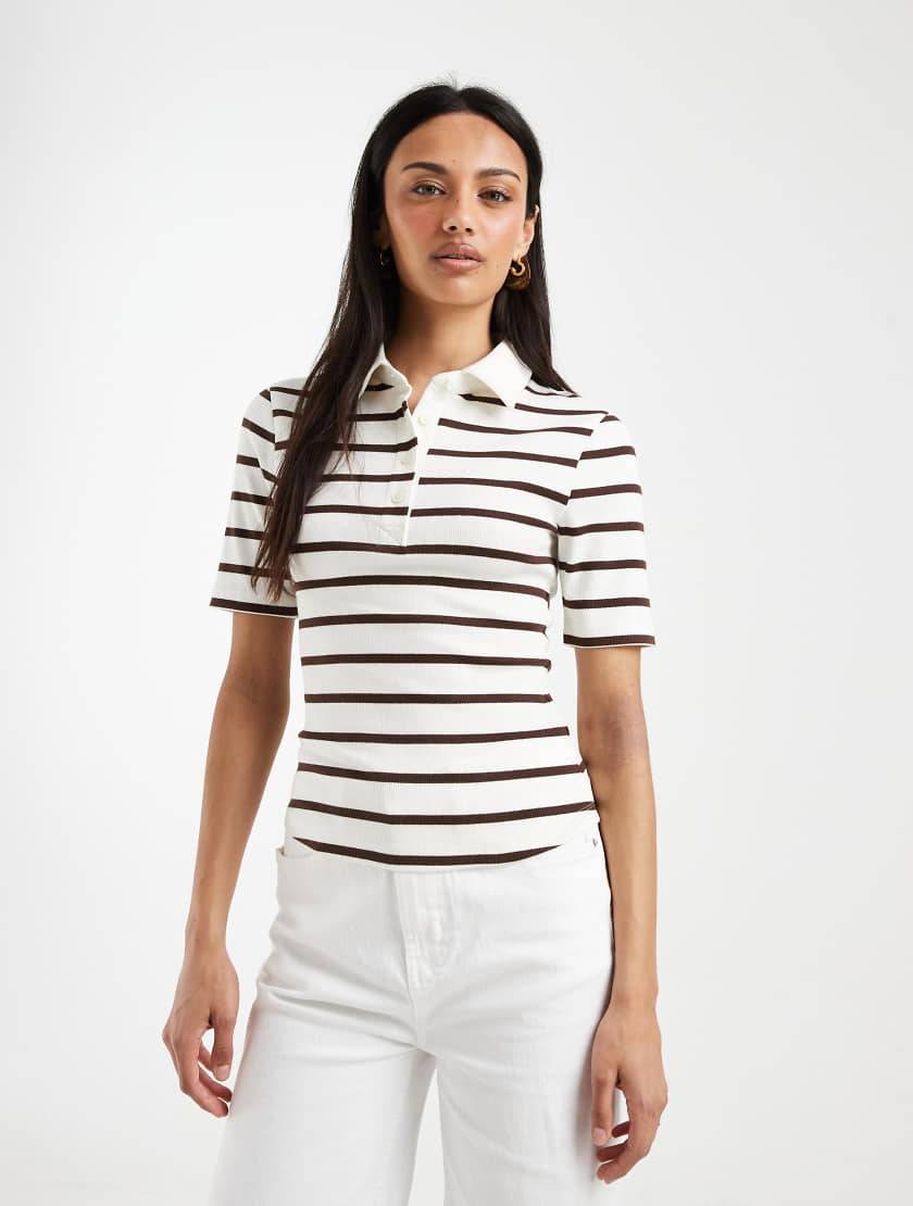 ASOS DESIGN Brunrandig Ribbad Pikétröja Krympt Passform - Gul/Brunrandig/Ribbad