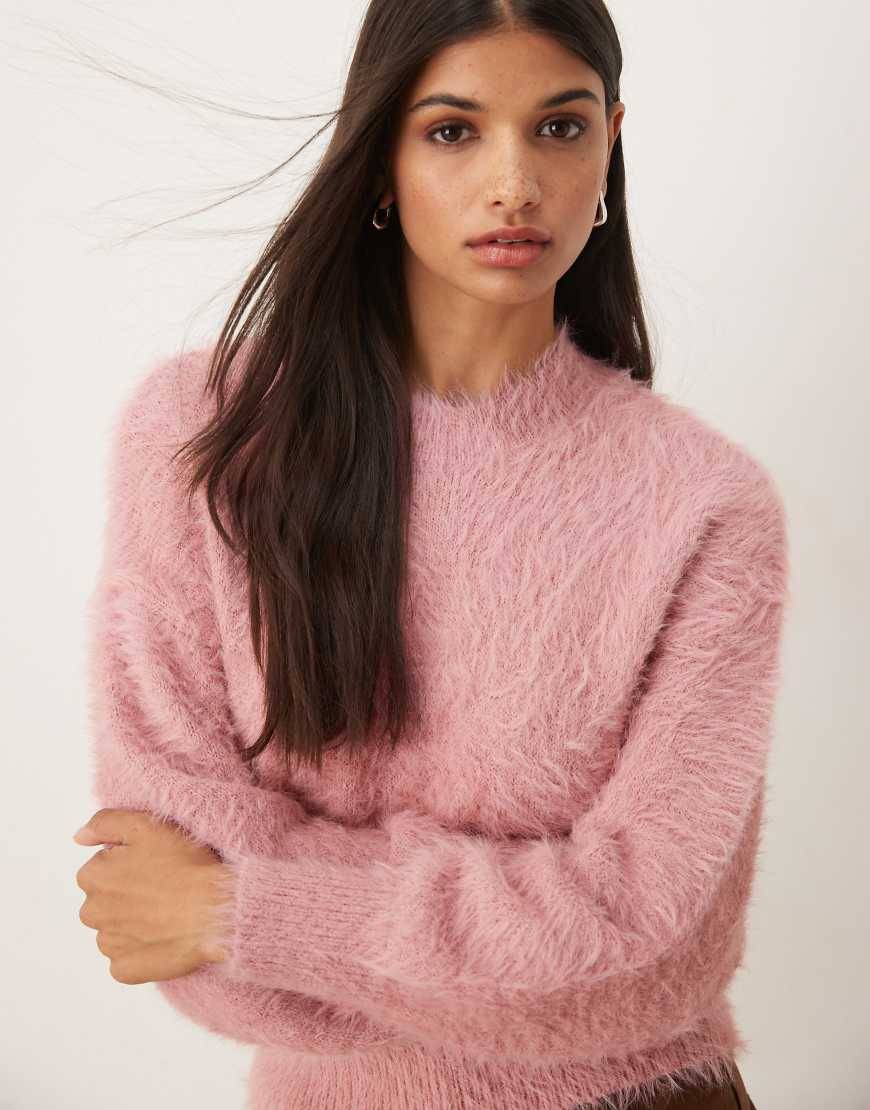 ASOS DESIGN Rosa Stickad Fransig Tröja Rund Halsringning Markerad Midja - Grå