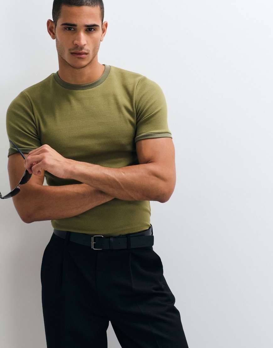 Muscle tshirt ASOS DESIGN Muscle Fit T-Shirt With Ringer Detailing Green Rib