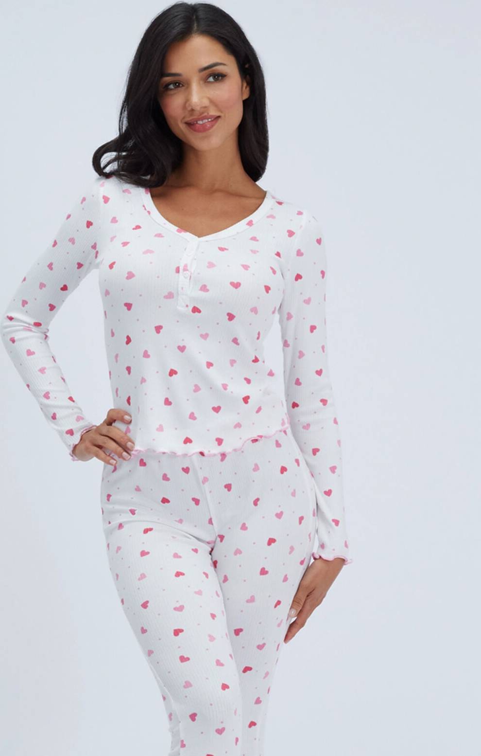 Boux Avenue Heart Ribbed Long Pyjama Set - Ivory Mix