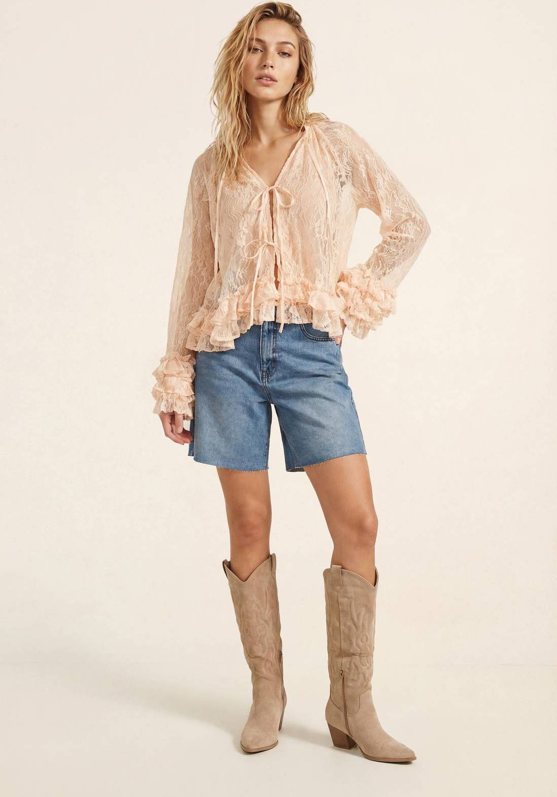 Lace Ruffle Tie Front Blouse