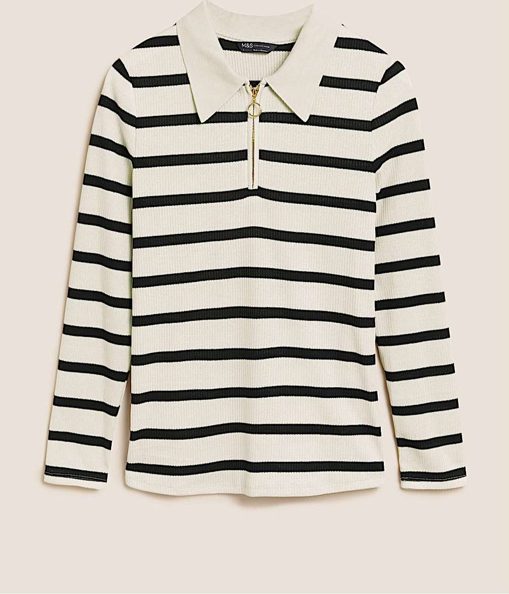 Striped Ribbed Collared Fitted Top