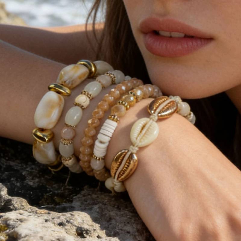 Temu Bohemian Resin Artificial Shell Bracelet Set Stackable Geometric Irregular Bead Elastic Rope - Stackable