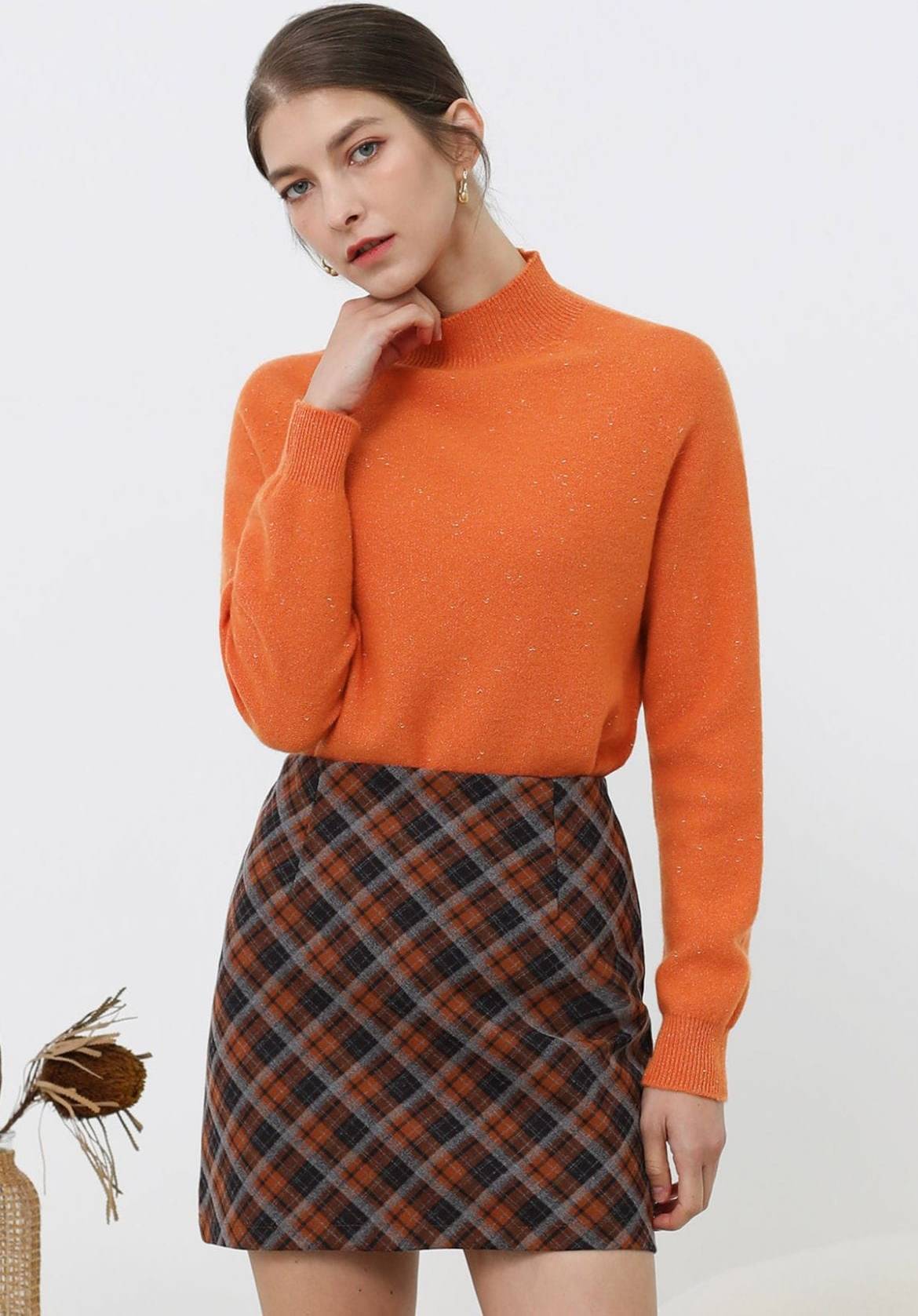 Metallic Thread Mock Neck Wool Sweater - Orange