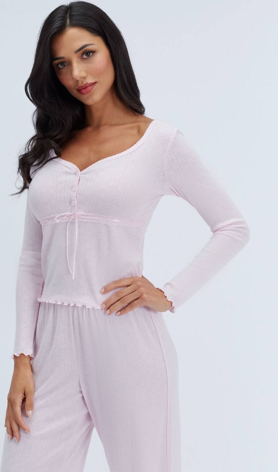 Boux Avenue Pointelle Ribbon Long Pyjama Set - Powder Pink