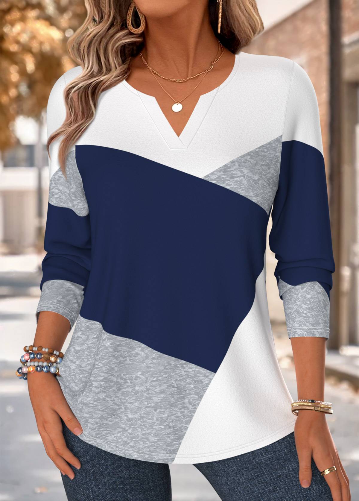 Modlily Navy Diagonal Color Block Notch Neck T Shirt