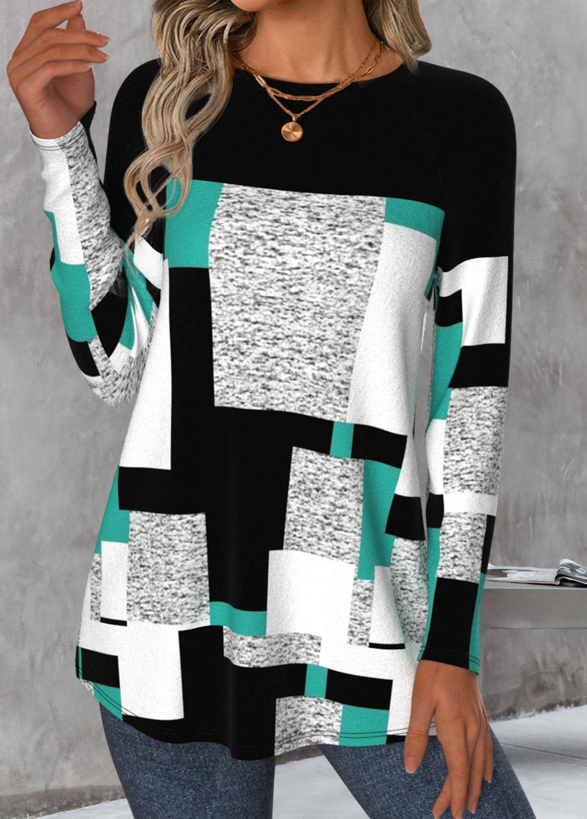Modlily Multi Color Patchwork Panel Long Sleeve T Shirt