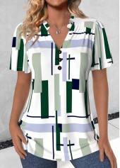 Modlily Multi Color Split Geometric Print Short Sleeve Blouse
