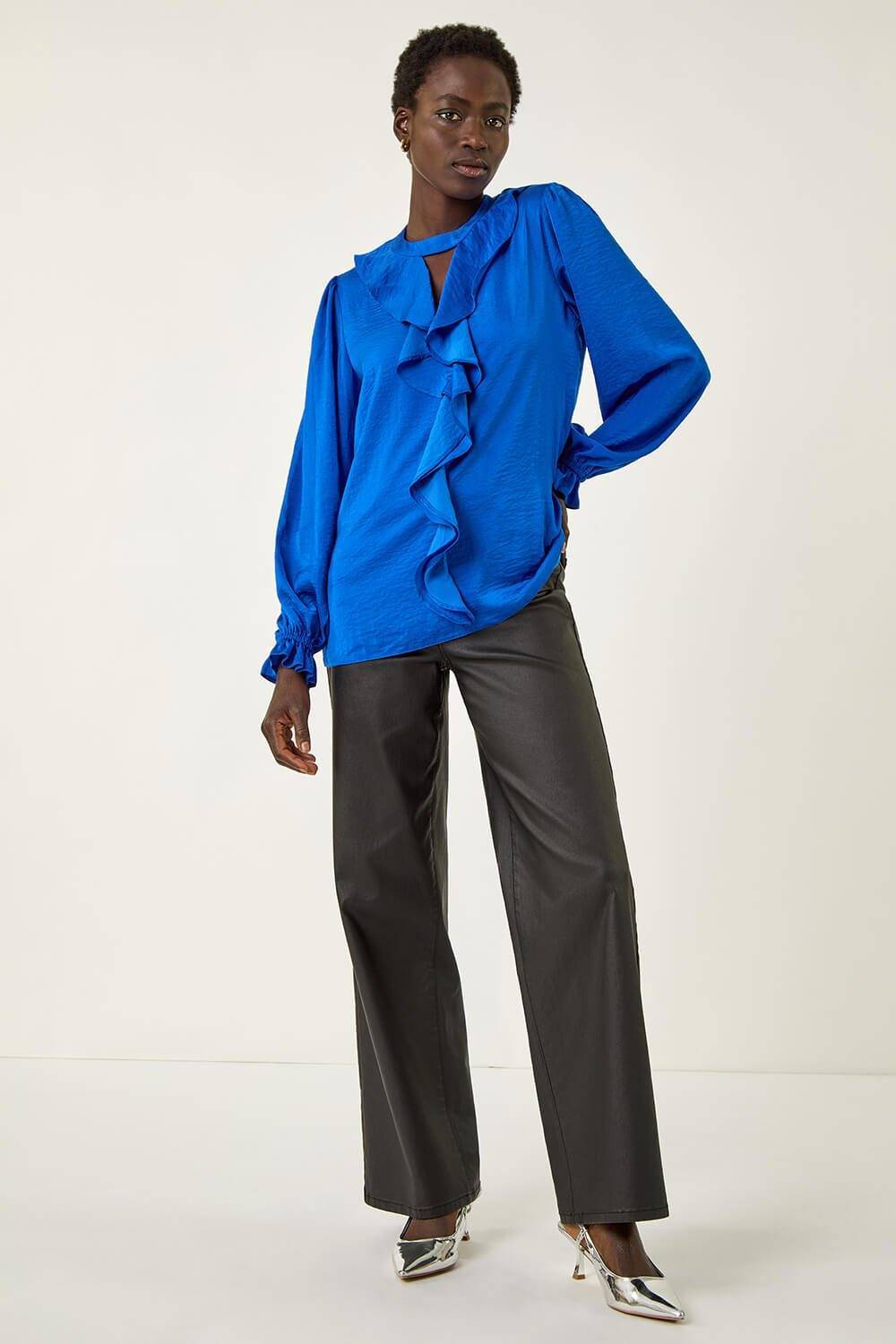 Roman Ruffle Front Keyhole Satin Top - Royal