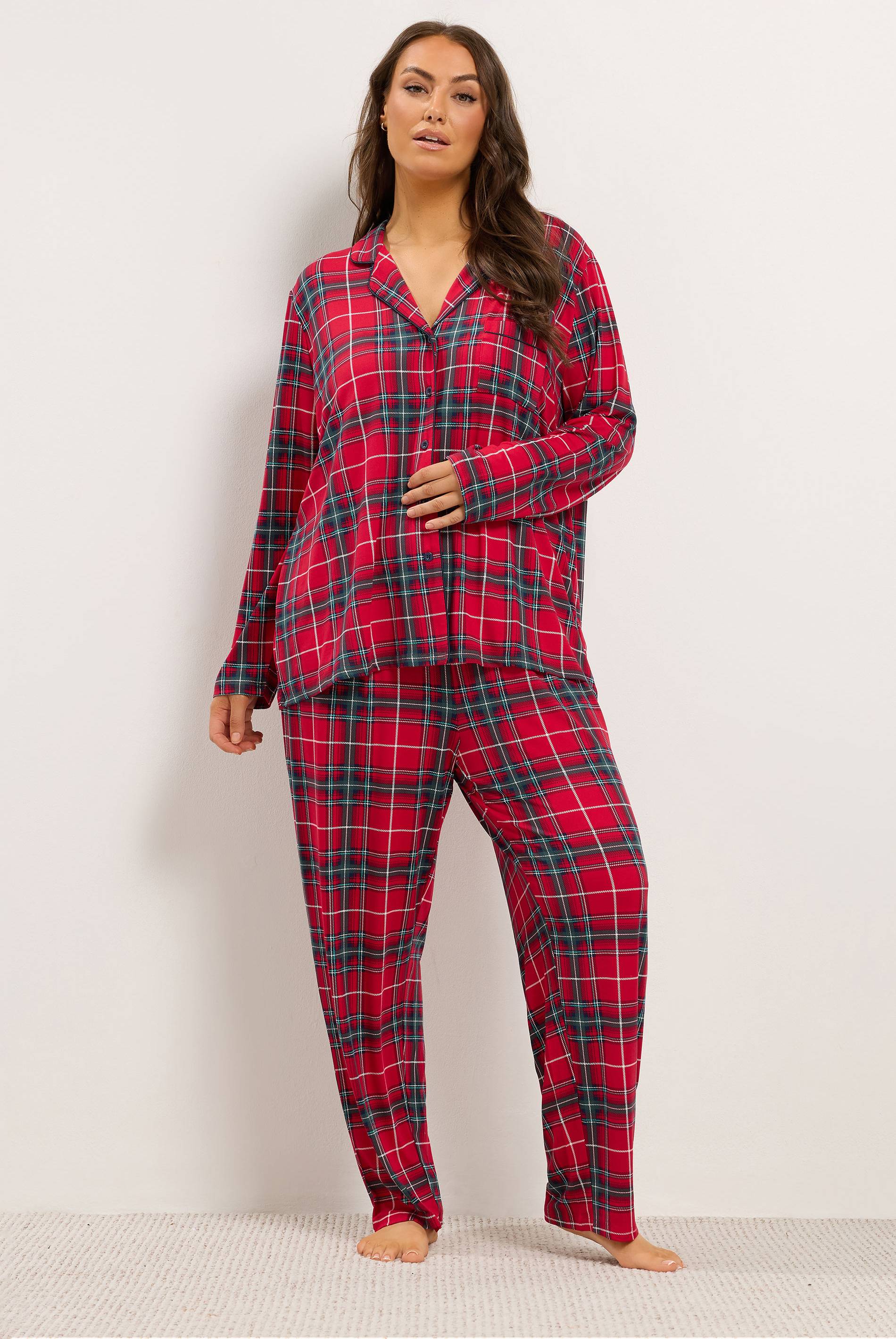Yours Checked Button Through Pyjama Set - Red