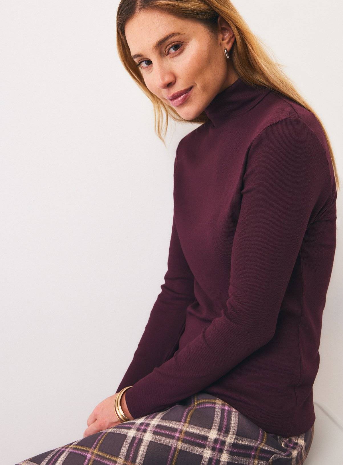 Tu Plum Plain Modal Rib Roll Neck Top