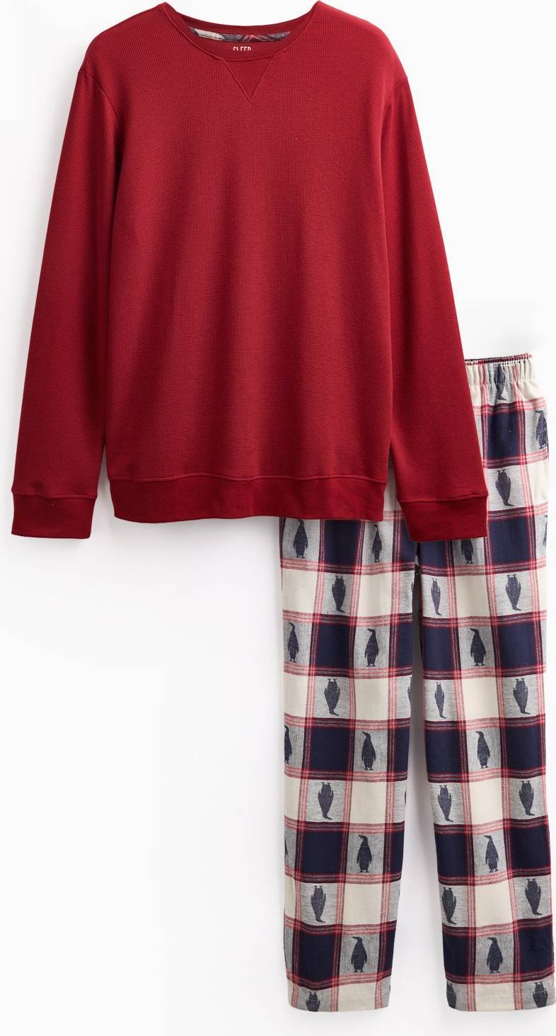 Tu Red Penguin Check Waffle Pyjama Set - Red