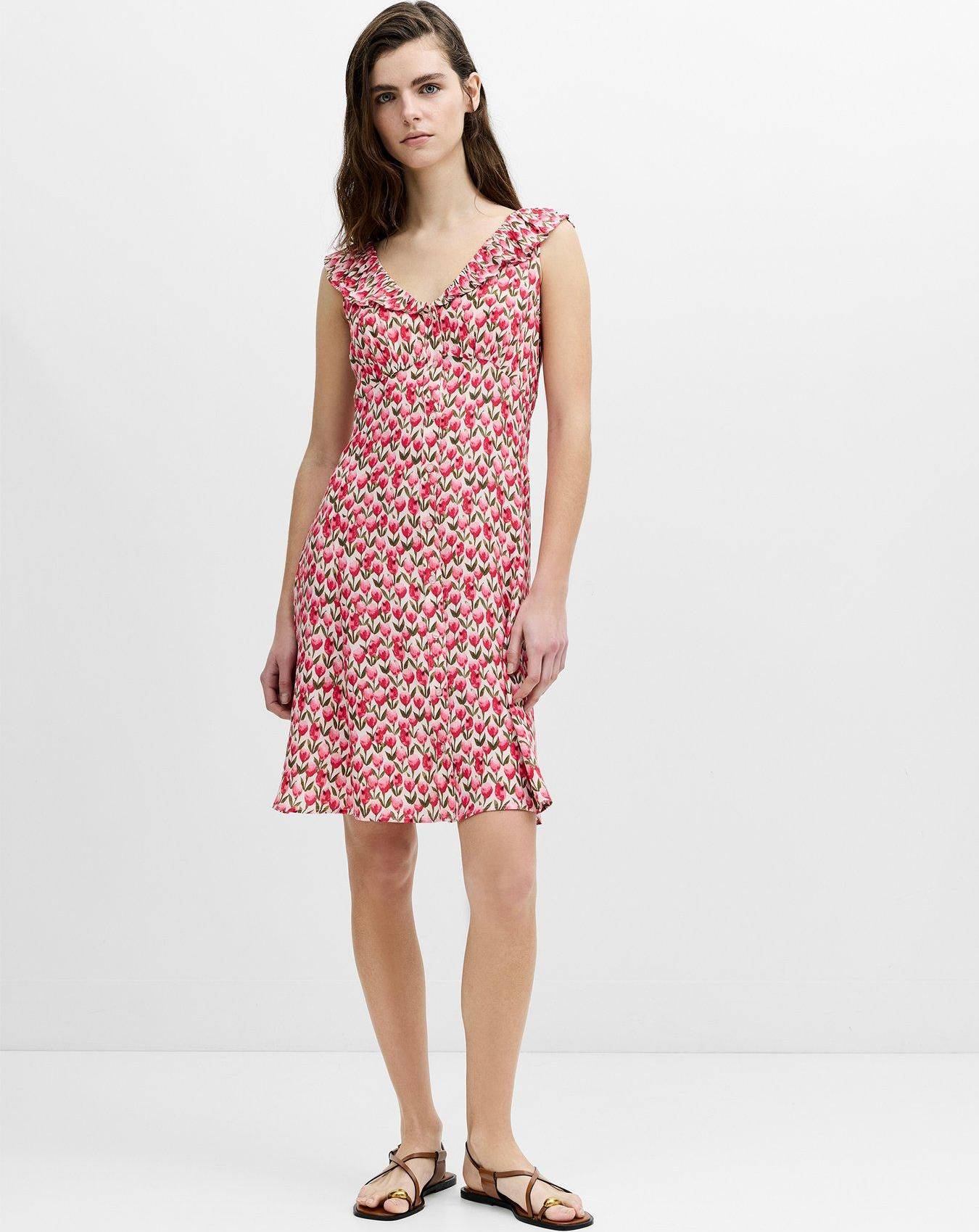 French Connection Floral Print Ruffle Strap Tea Dress - Pink